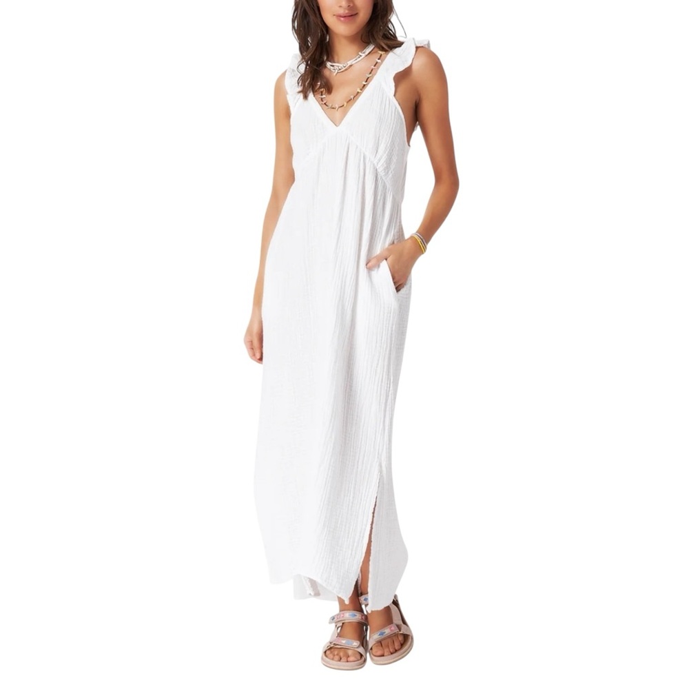 XiRENA Leyla White Gauzy V-Neck Sleeveless Midi Maxi Dress LARGE with pockets